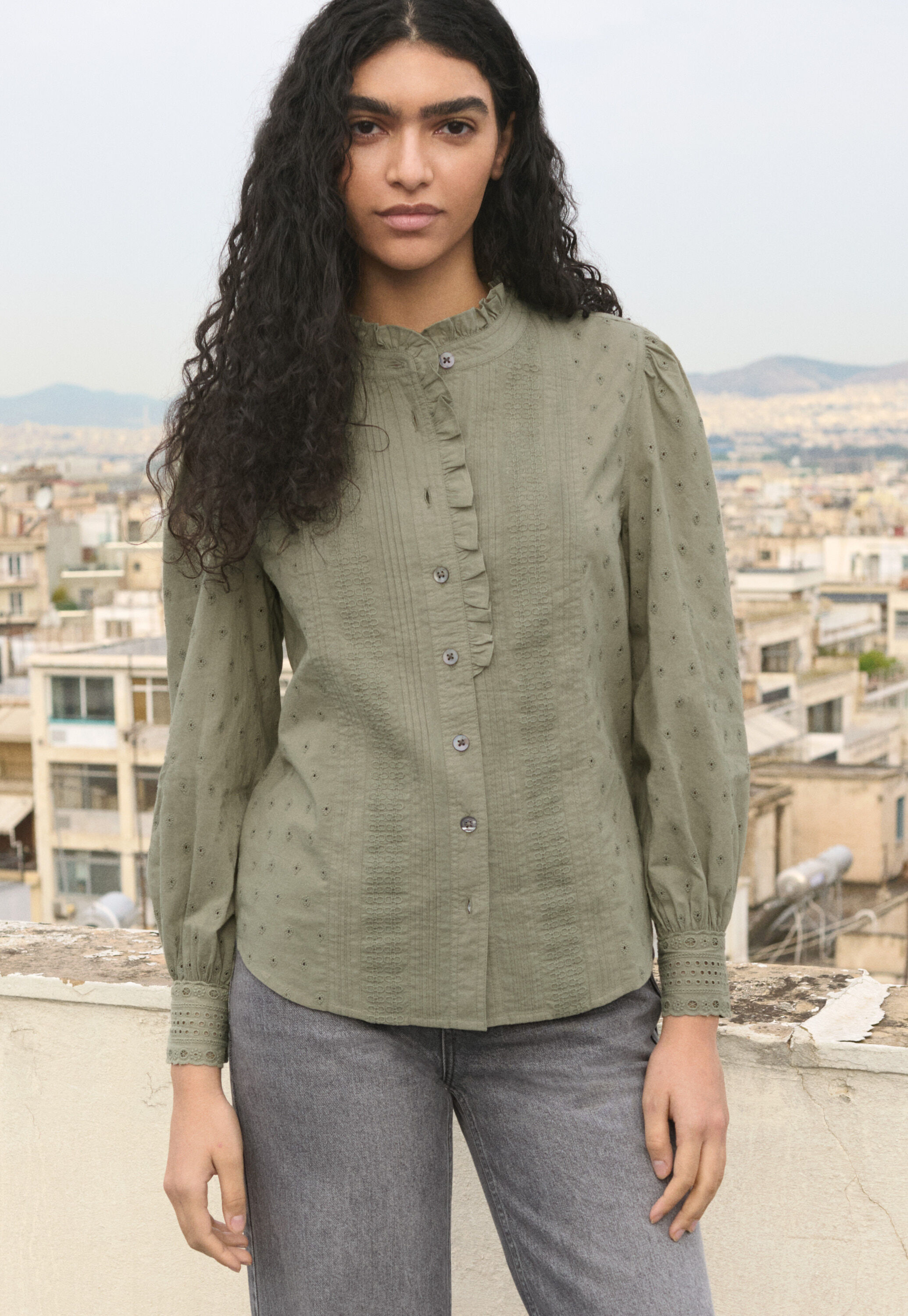 Ruffle-neck broderie blouse