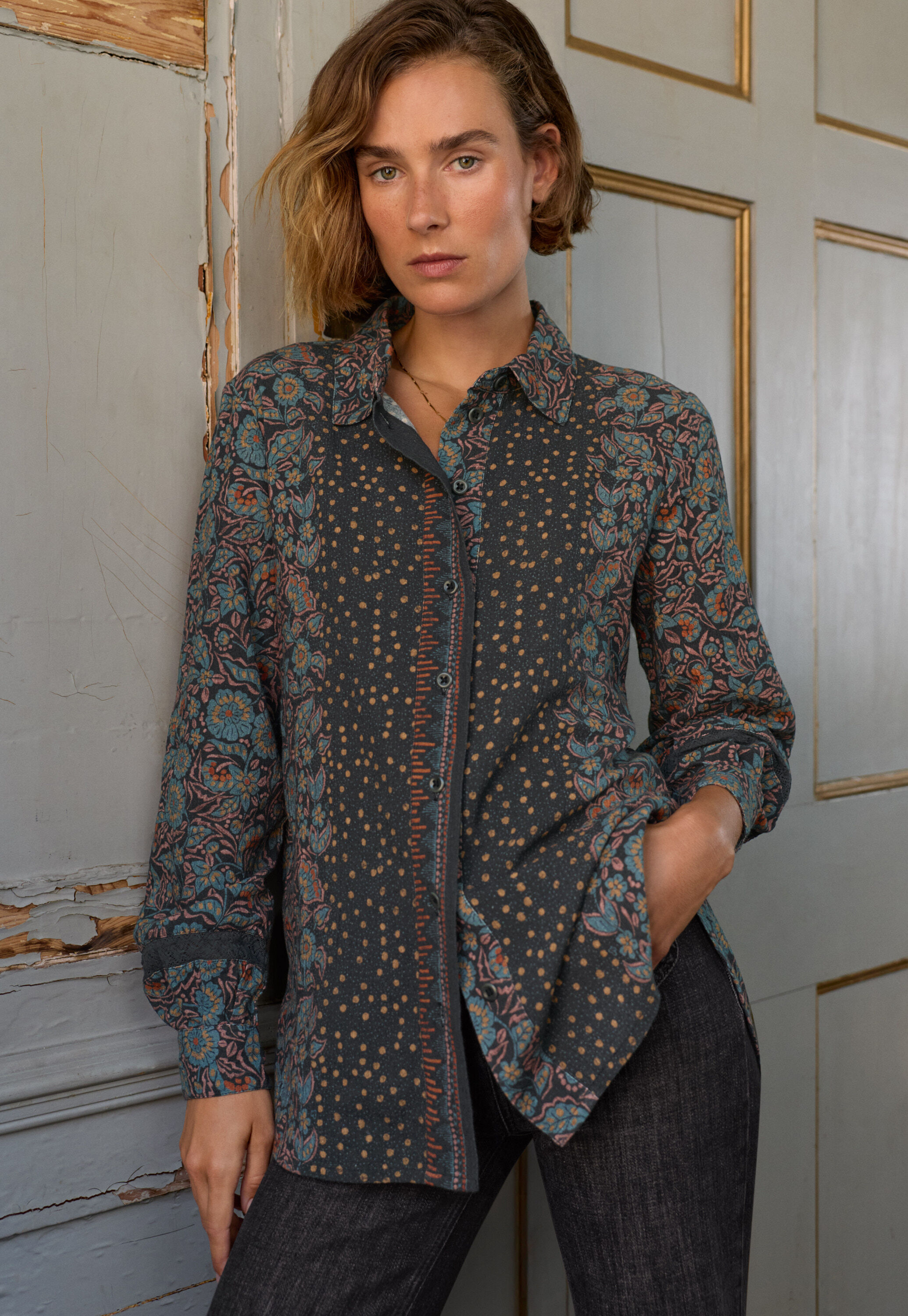 Printed blouse, Indigo coral, large