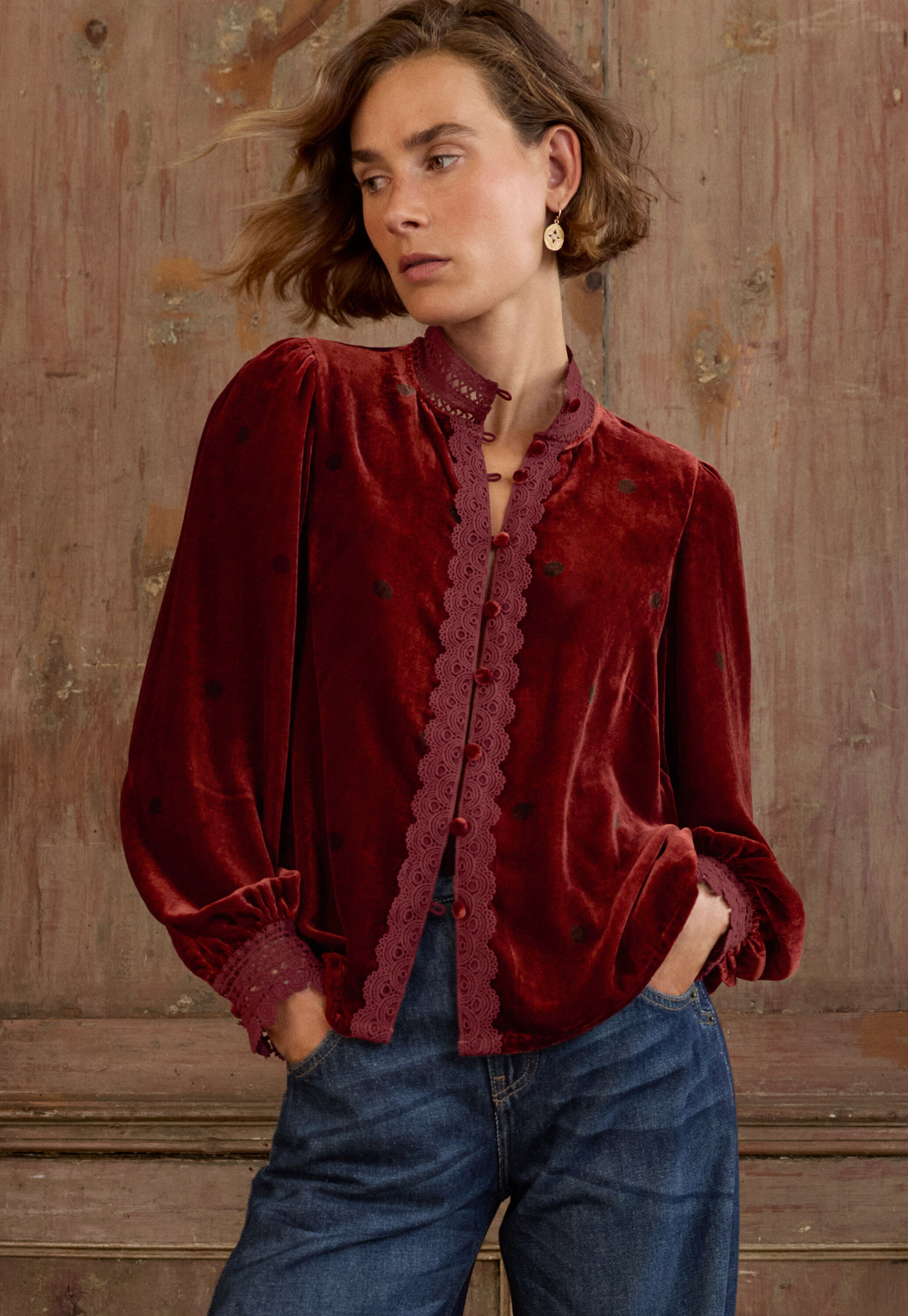 Velvet blouse, Flame red, large