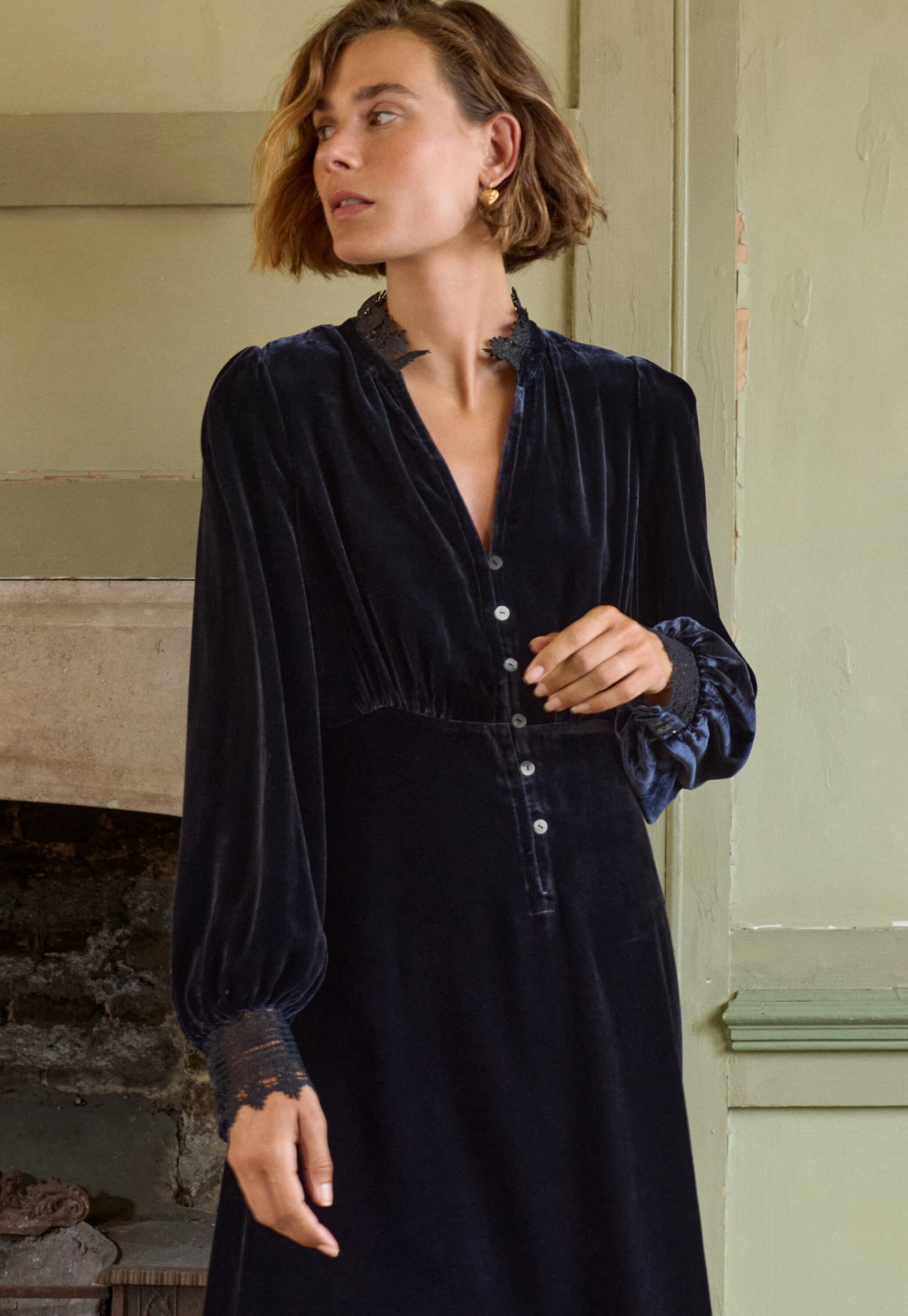 Velvet lace-frill dress, Midnight, large
