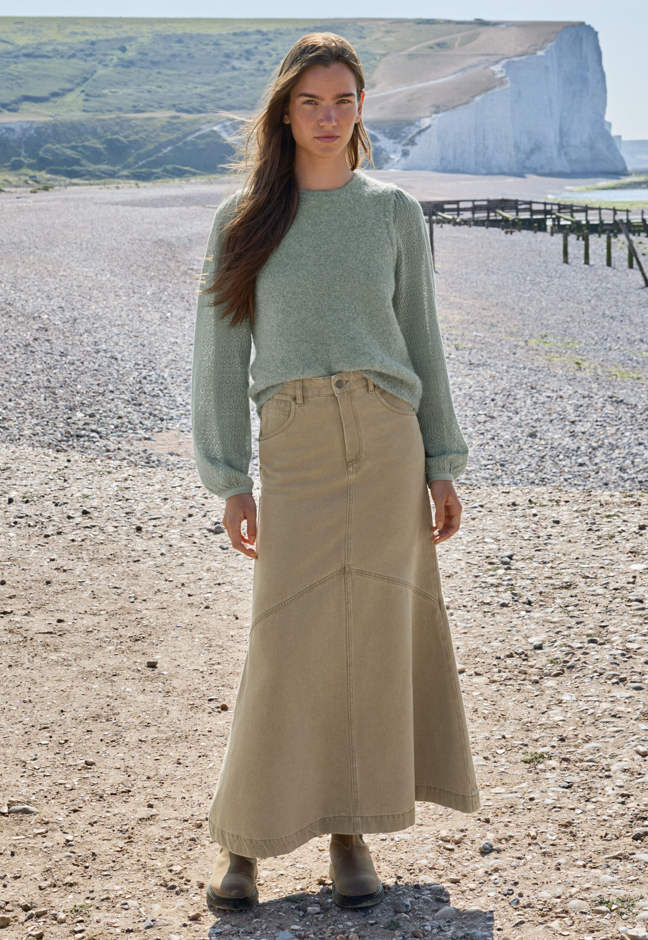 Pointelle-sleeve sweater, Duck egg, large