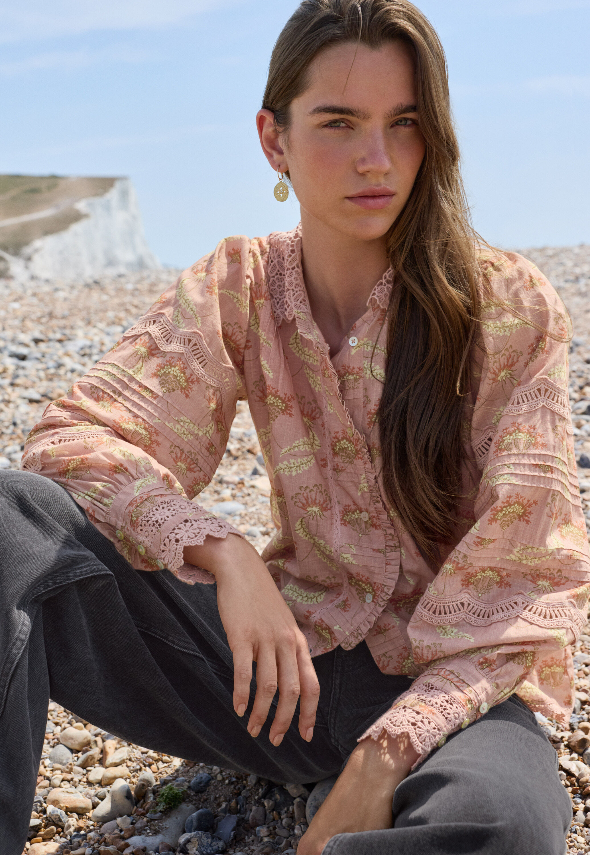 Lace-detail print blouse, Dusty pink, large