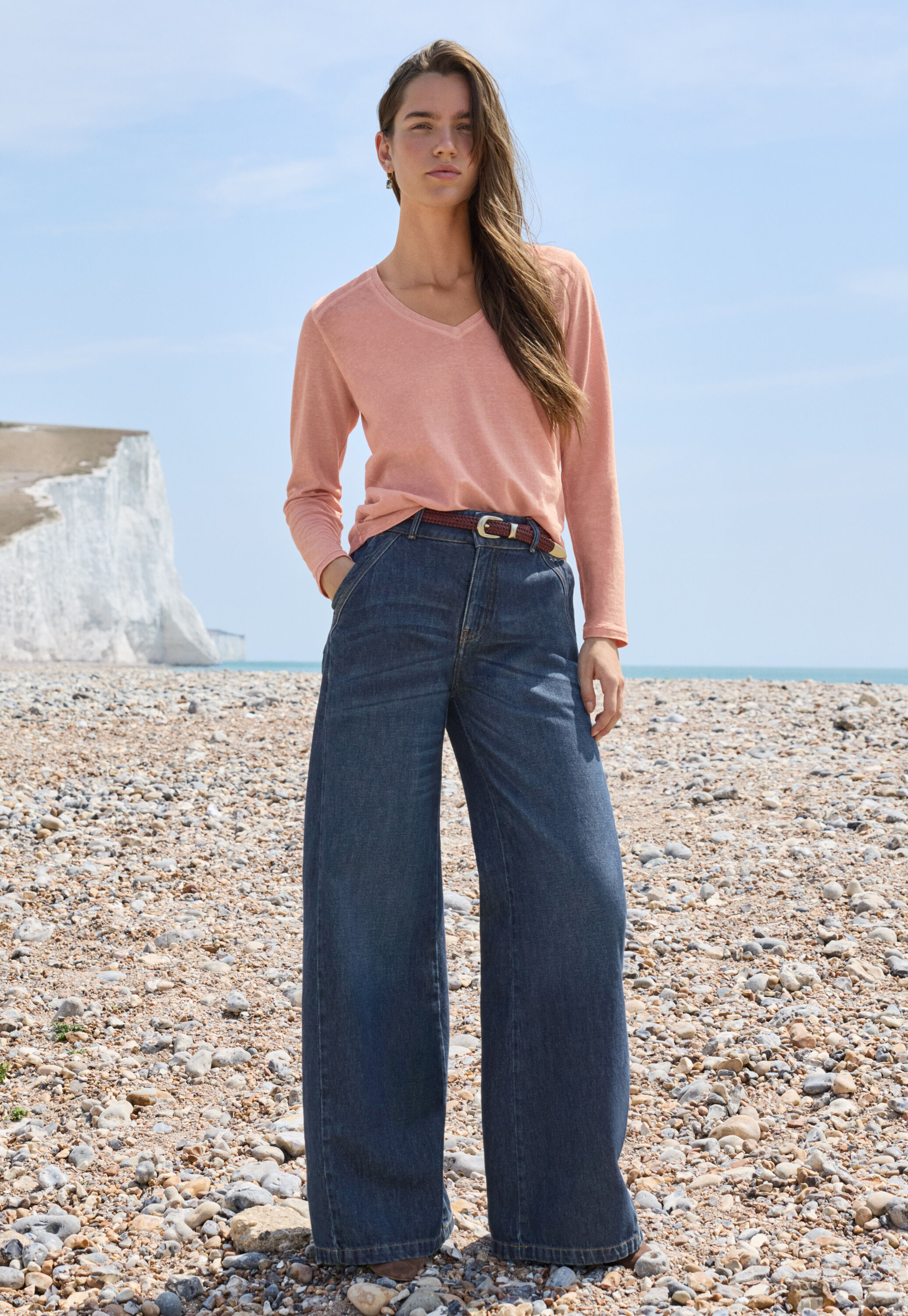 V-neck top, Peach pink, large