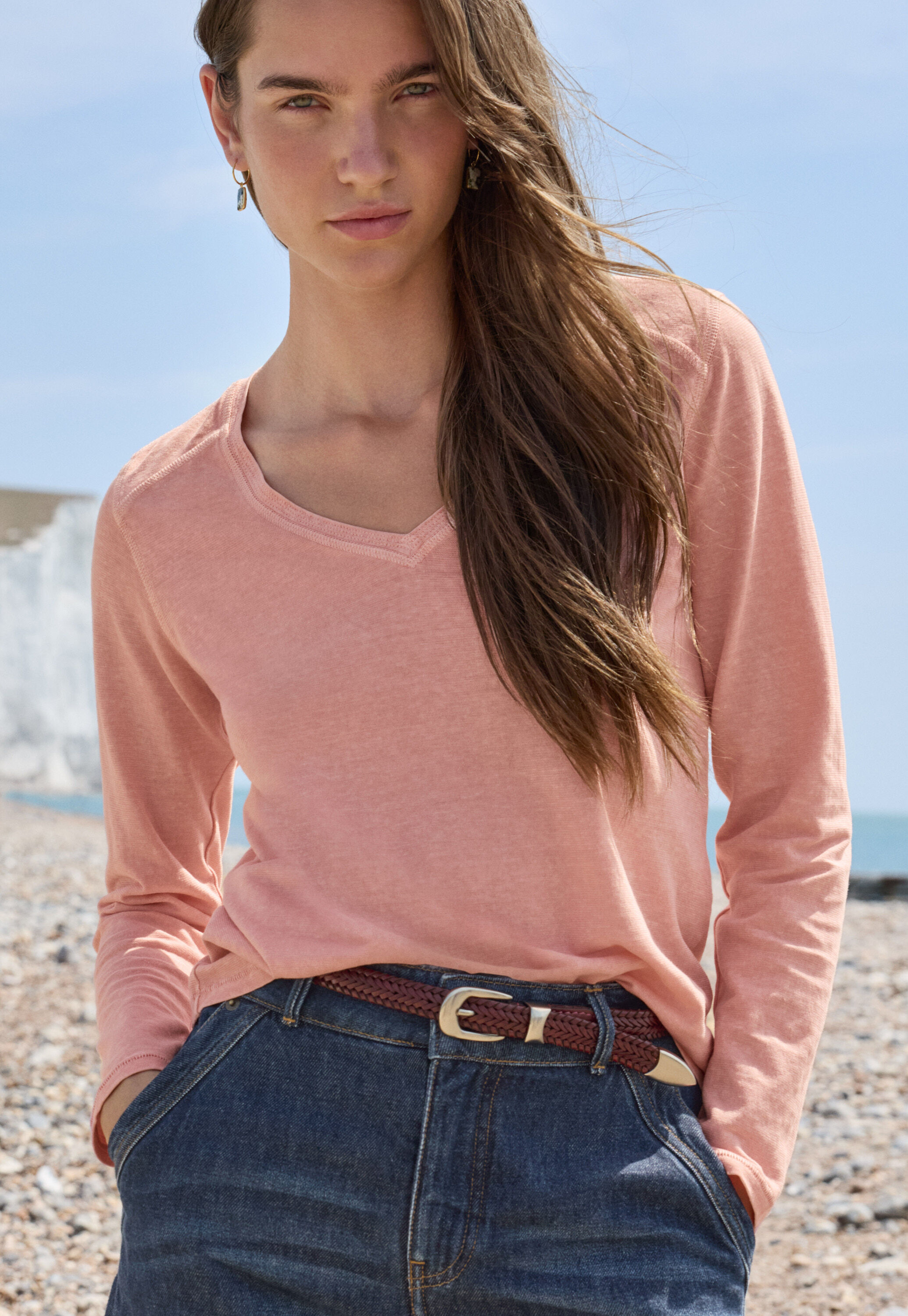 V-neck top, Peach pink, large