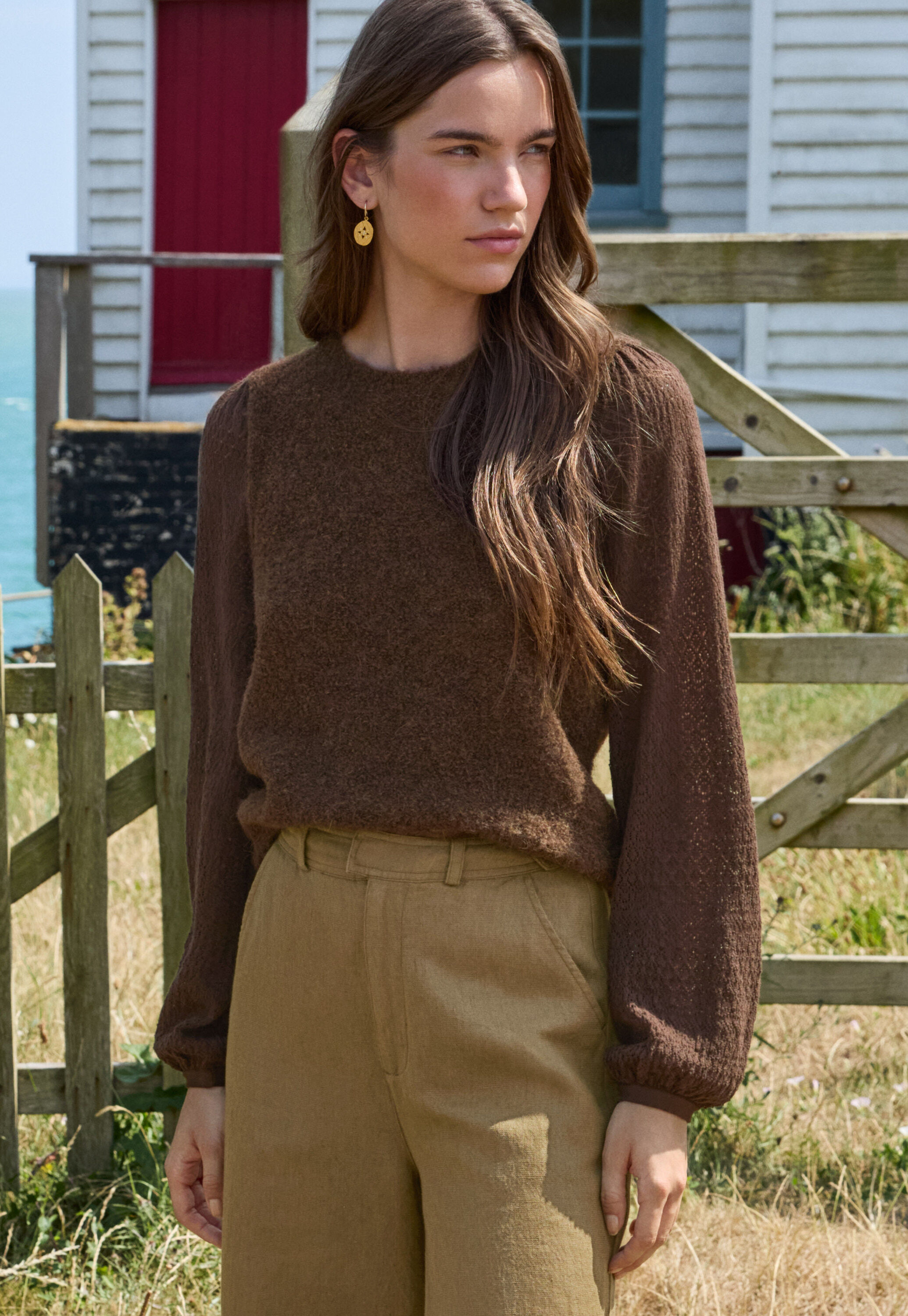 Pointelle-sleeve sweater