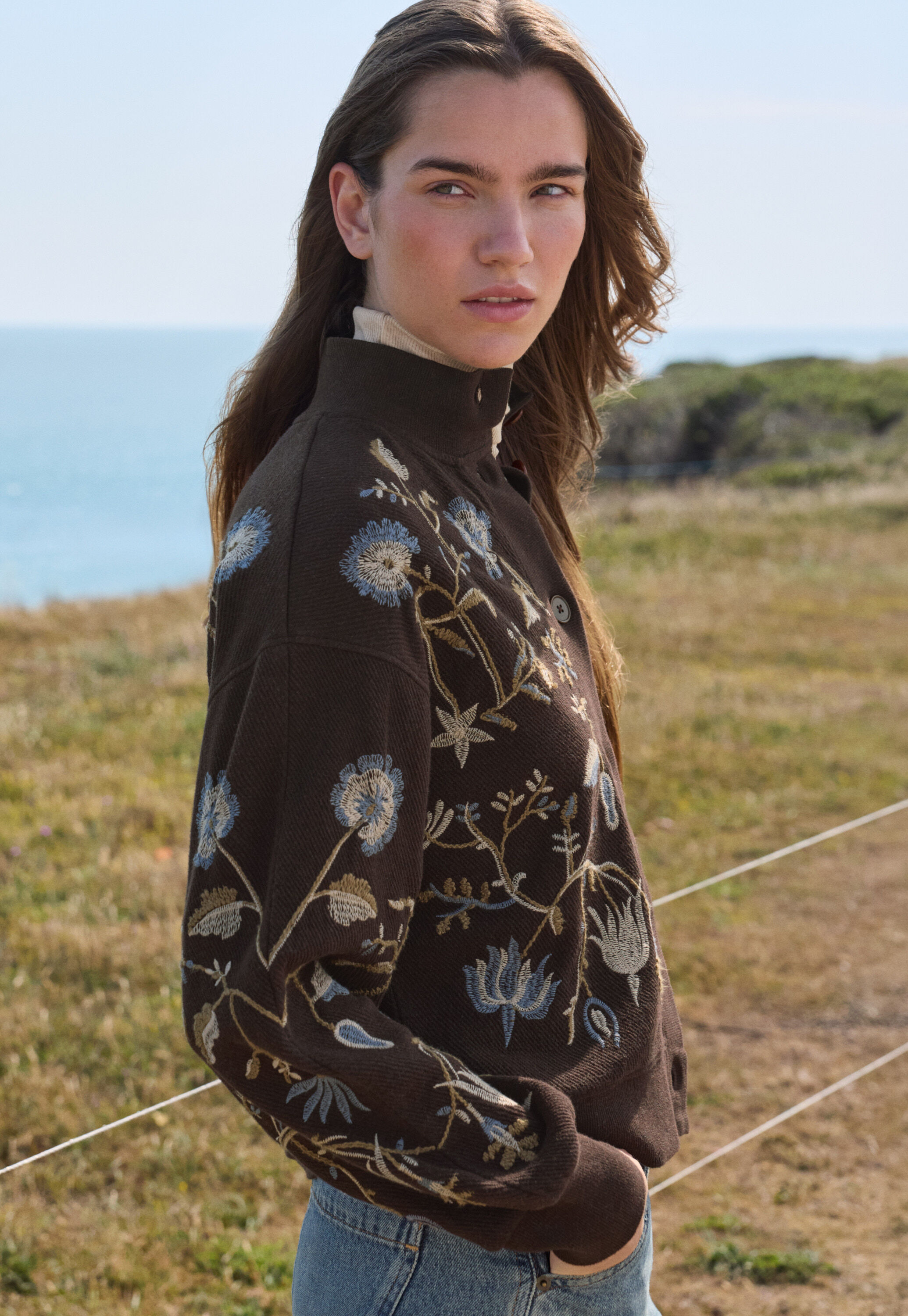 Embroidered jacket, Coffee, large