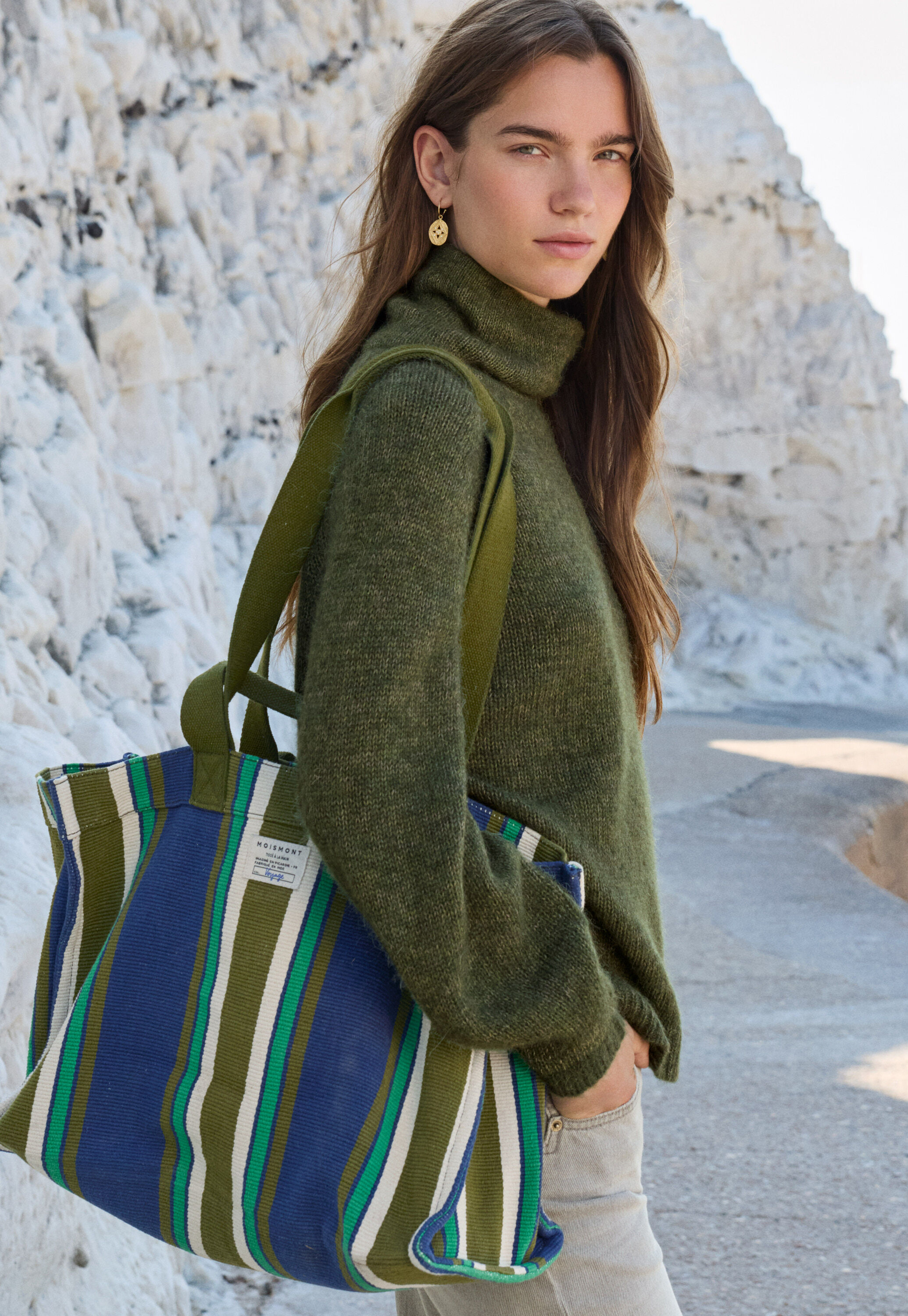 Large striped bag, Olive blue, large