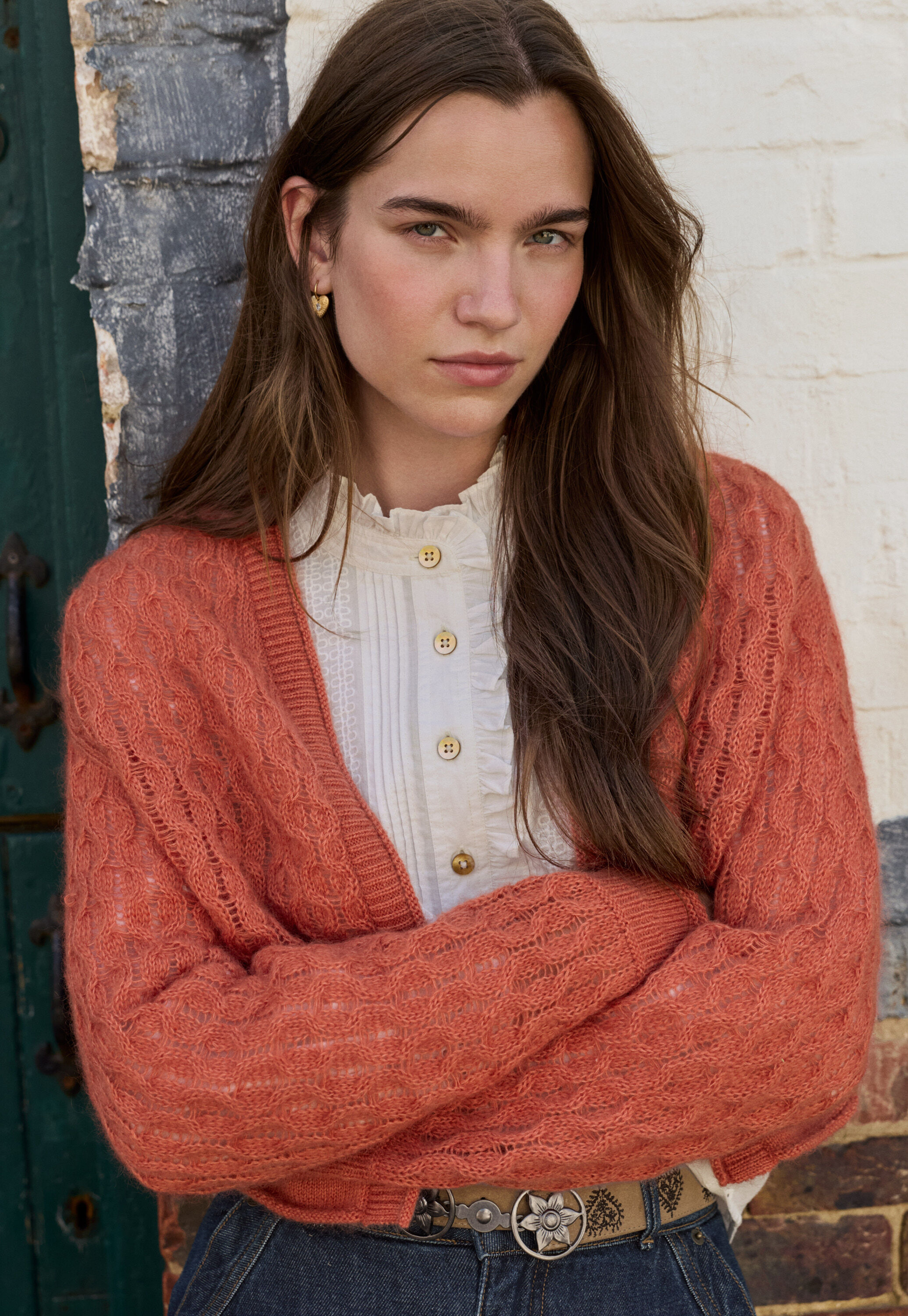 Cable-stitch cardigan, Coral, large