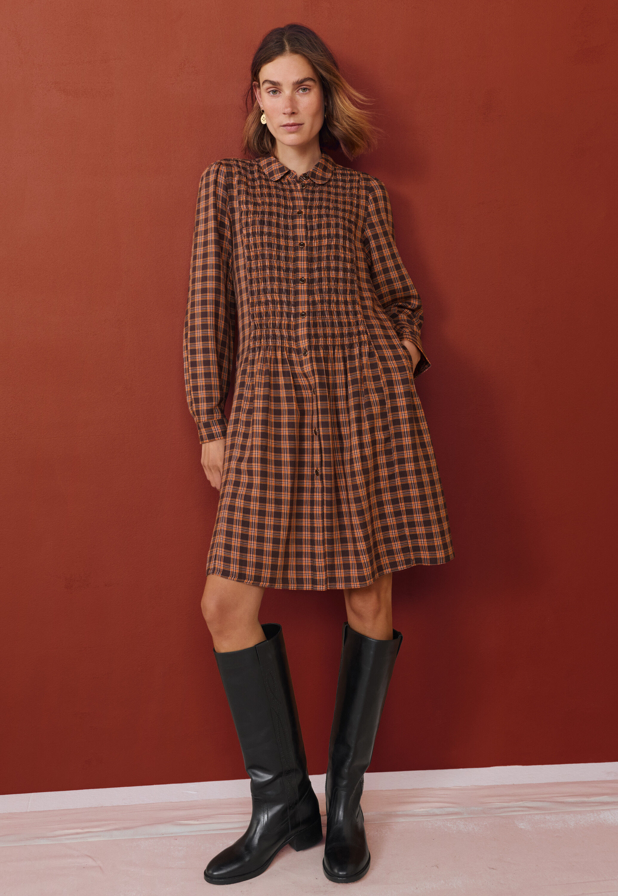 Shirred check dress