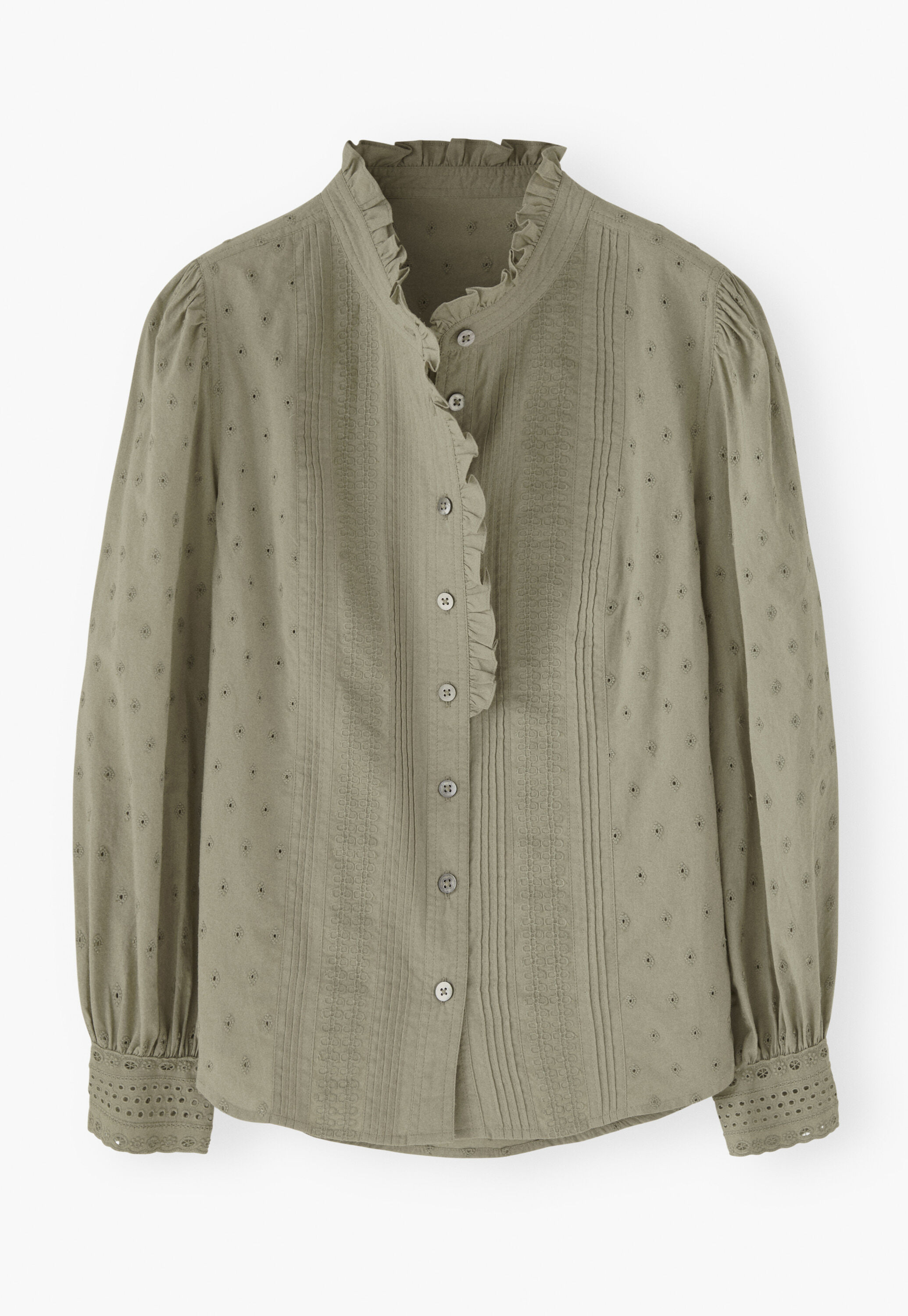 Ruffle-neck broderie blouse