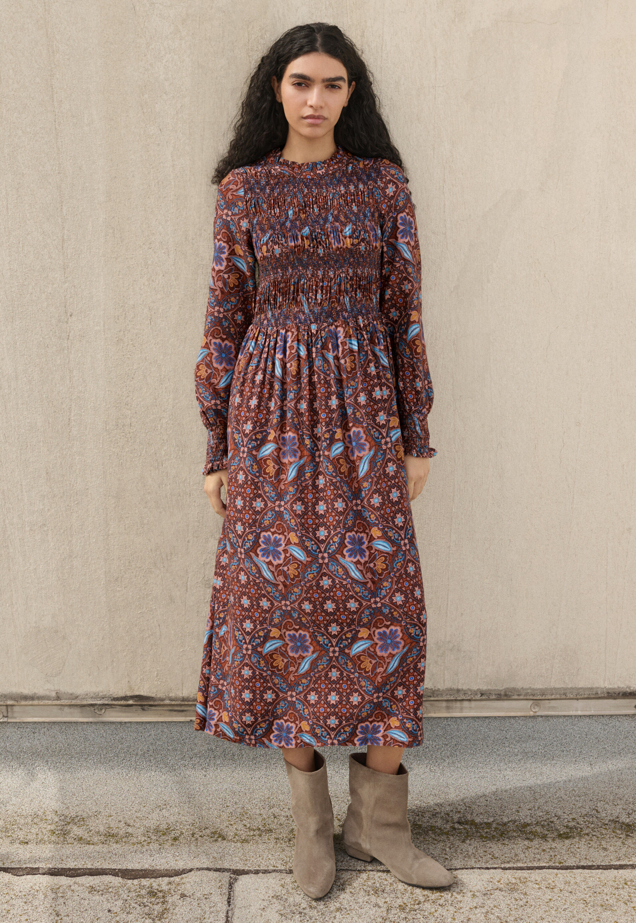 Printed shirring dress