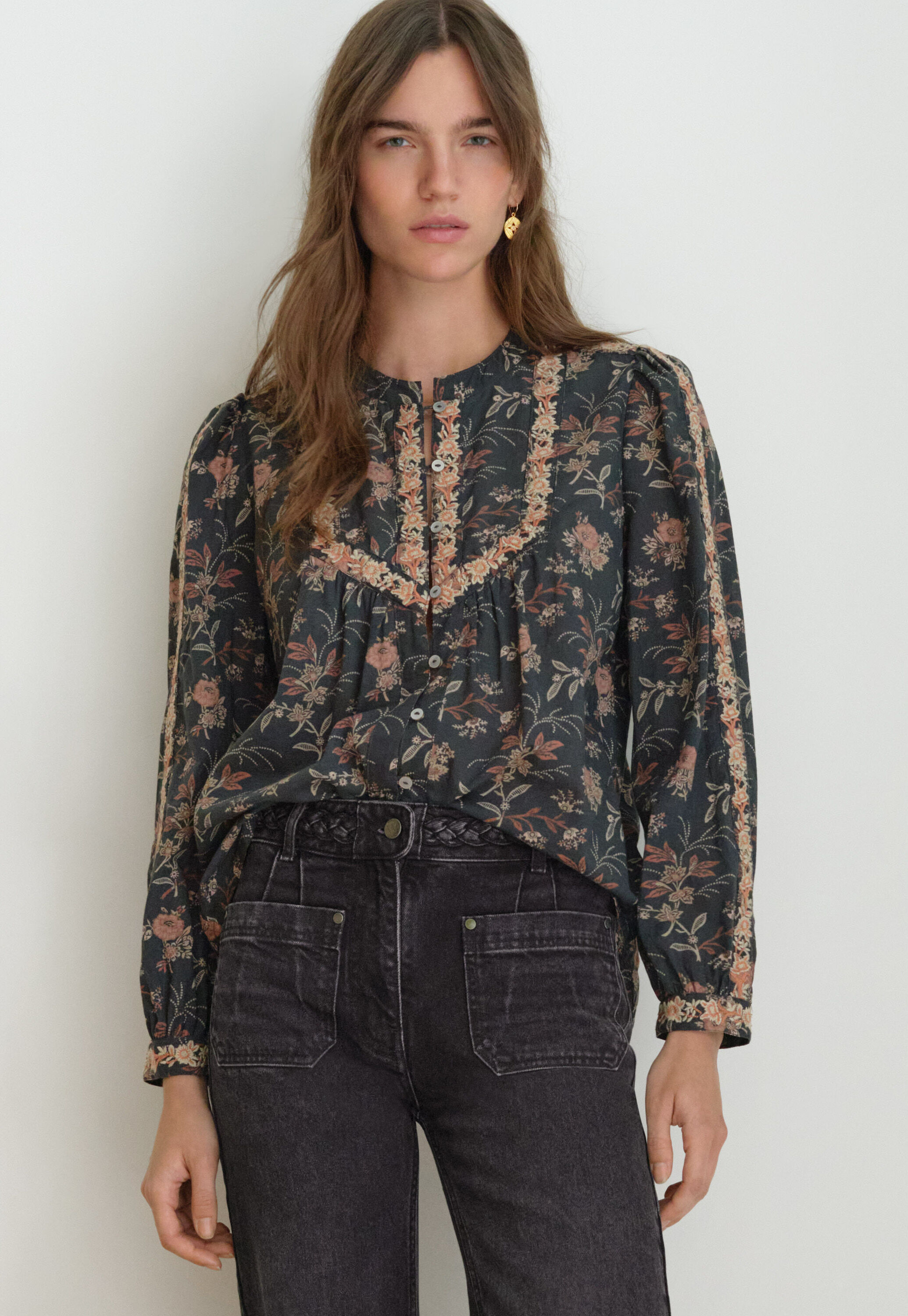 Embroidered printed blouse