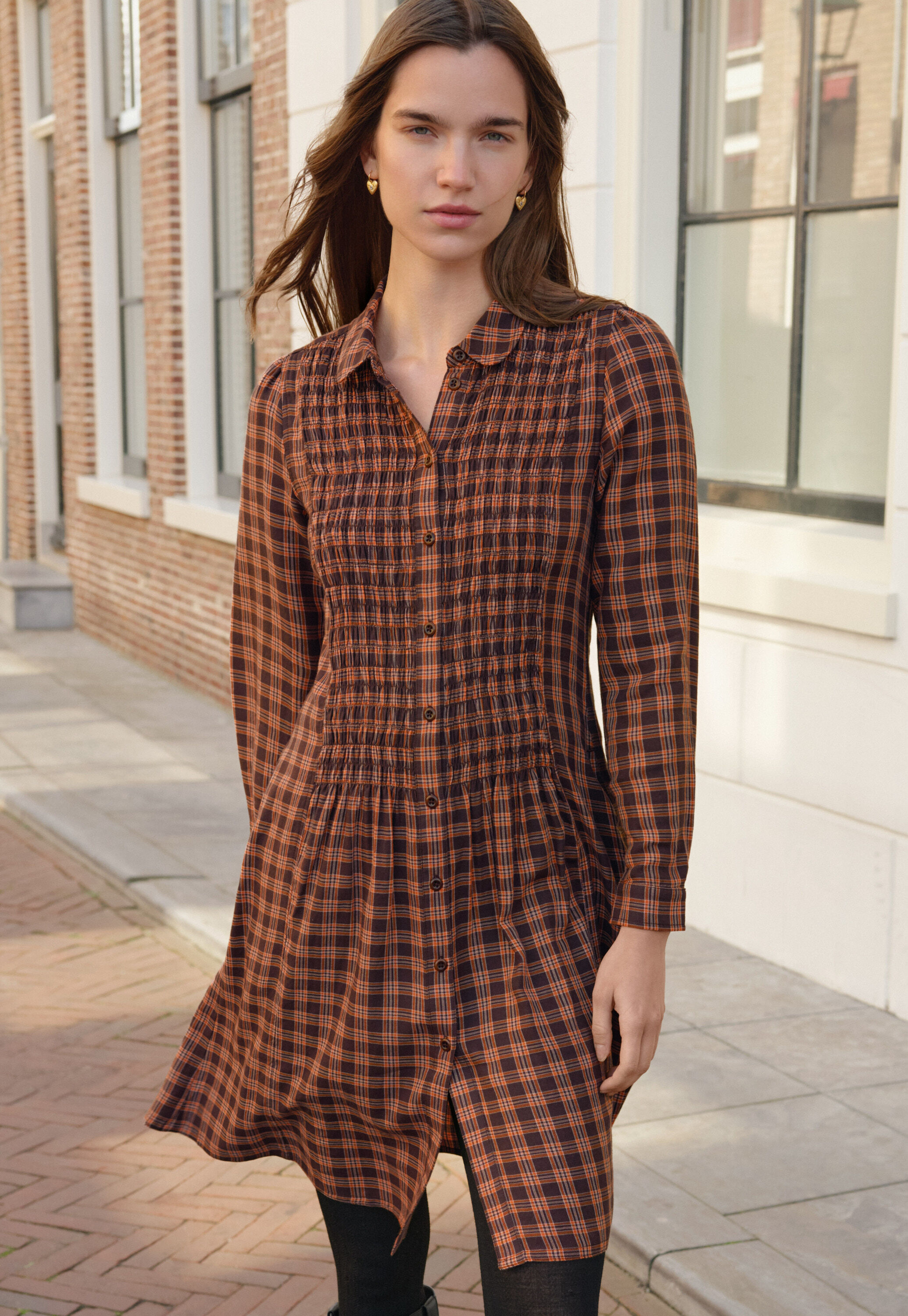 Shirred check dress