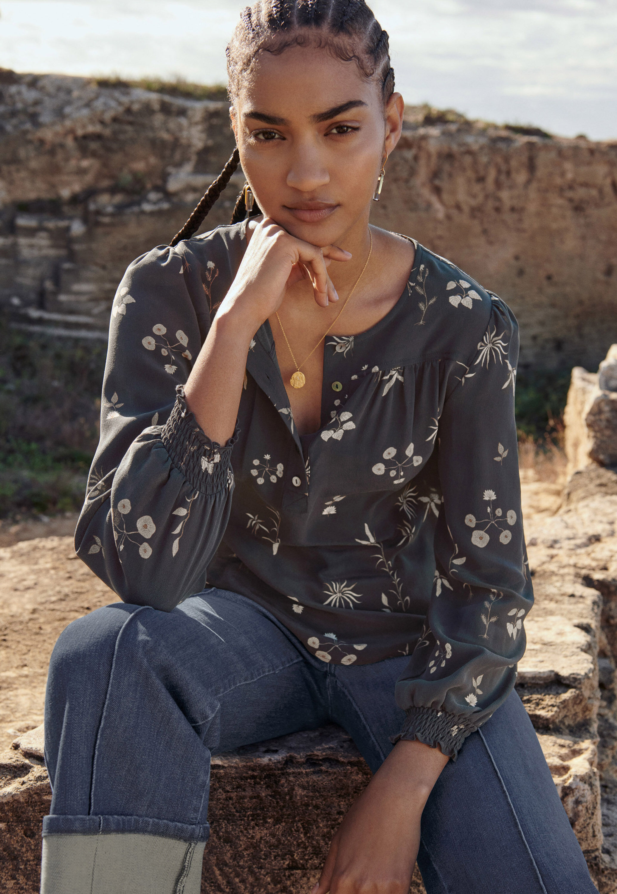Half-placket printed blouse
